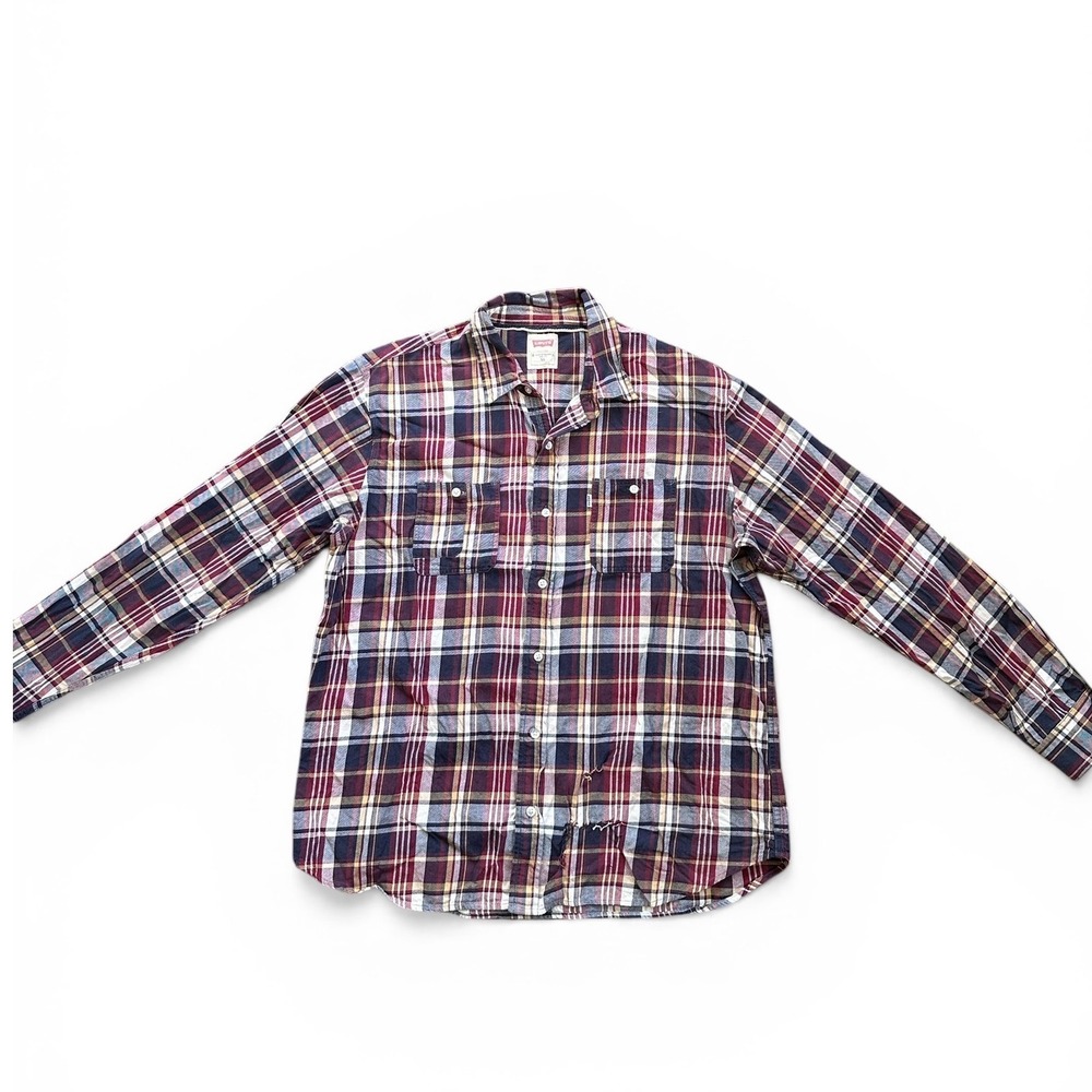 Levi's Plaid Flannel Shirt Mens XL Burgundy Navy Fair Distressed Grunge *Flawed*